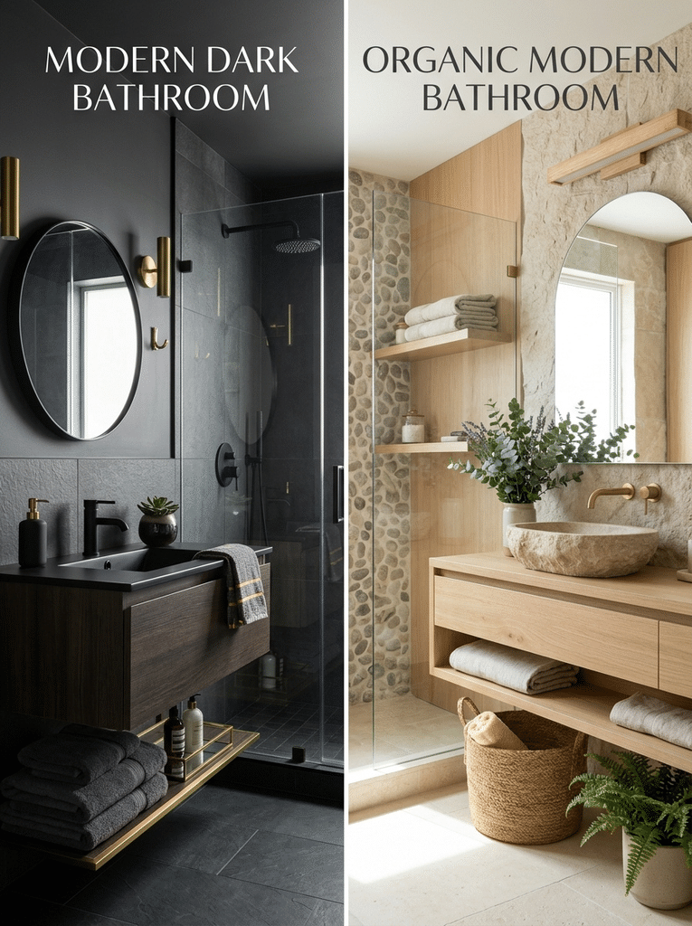 se a split image. On the left, a modern dark bathroom with charcoal walls, matte black fixtures, and brass accents.