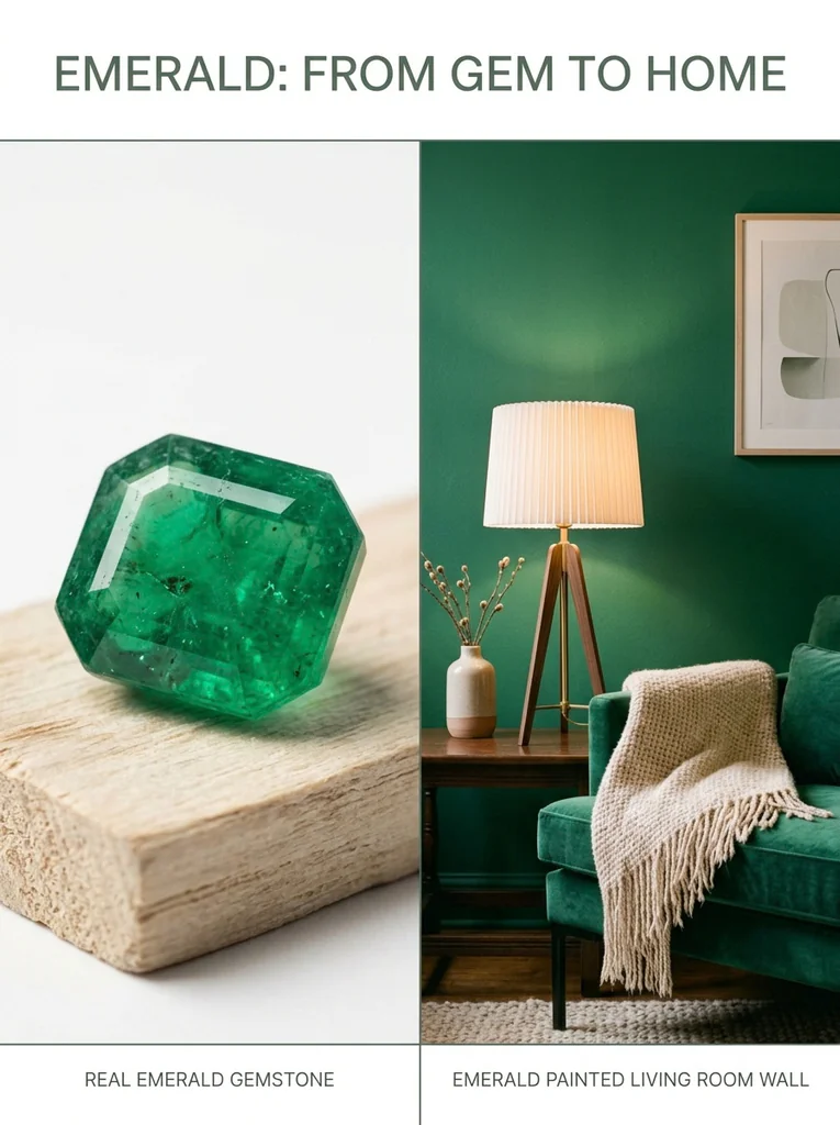 Emerald gemstone beside an emerald green painted living room wall