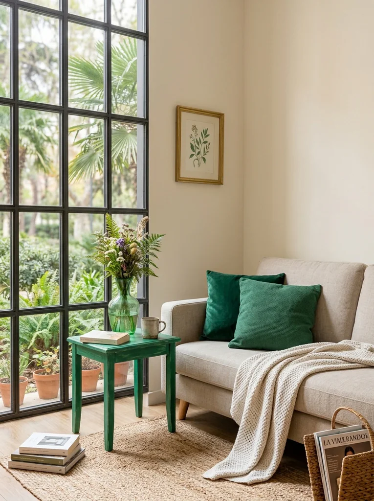 Budget friendly emerald green decor with cushions, vase and painted side table