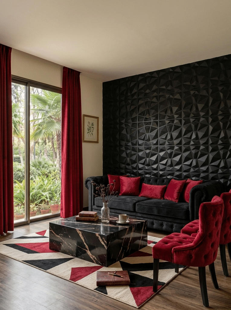Red and black living room furniture with velvet chairs, rug and marble