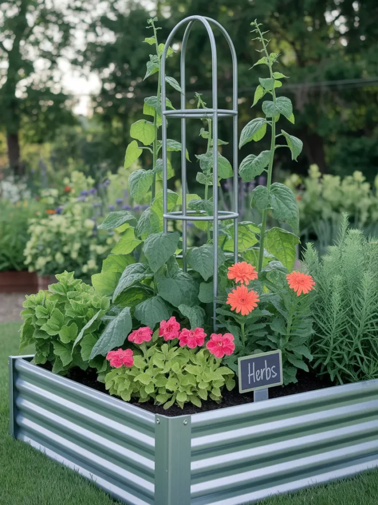 Vegetable garden with metal obelisk, edging, herb sign, and metal flowers