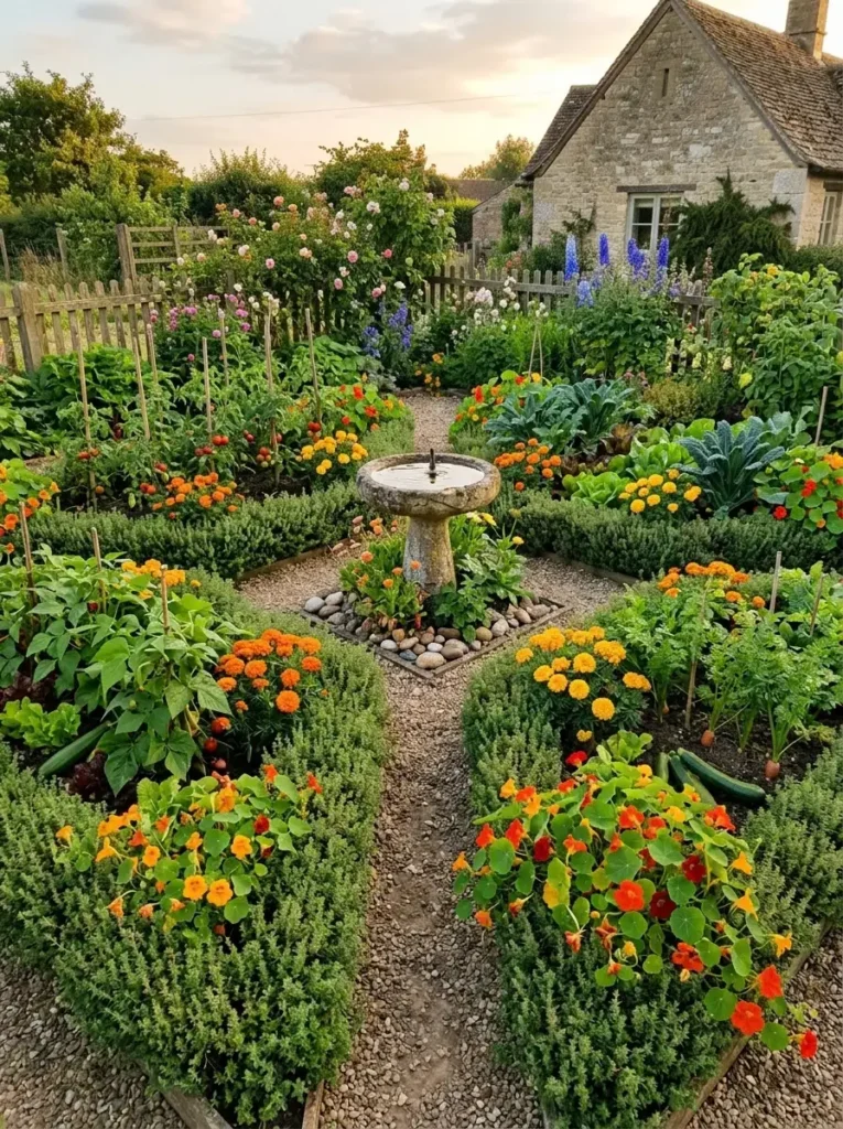 Vegetable gardening design ideas with symmetrical beds, flowers, and herb edging