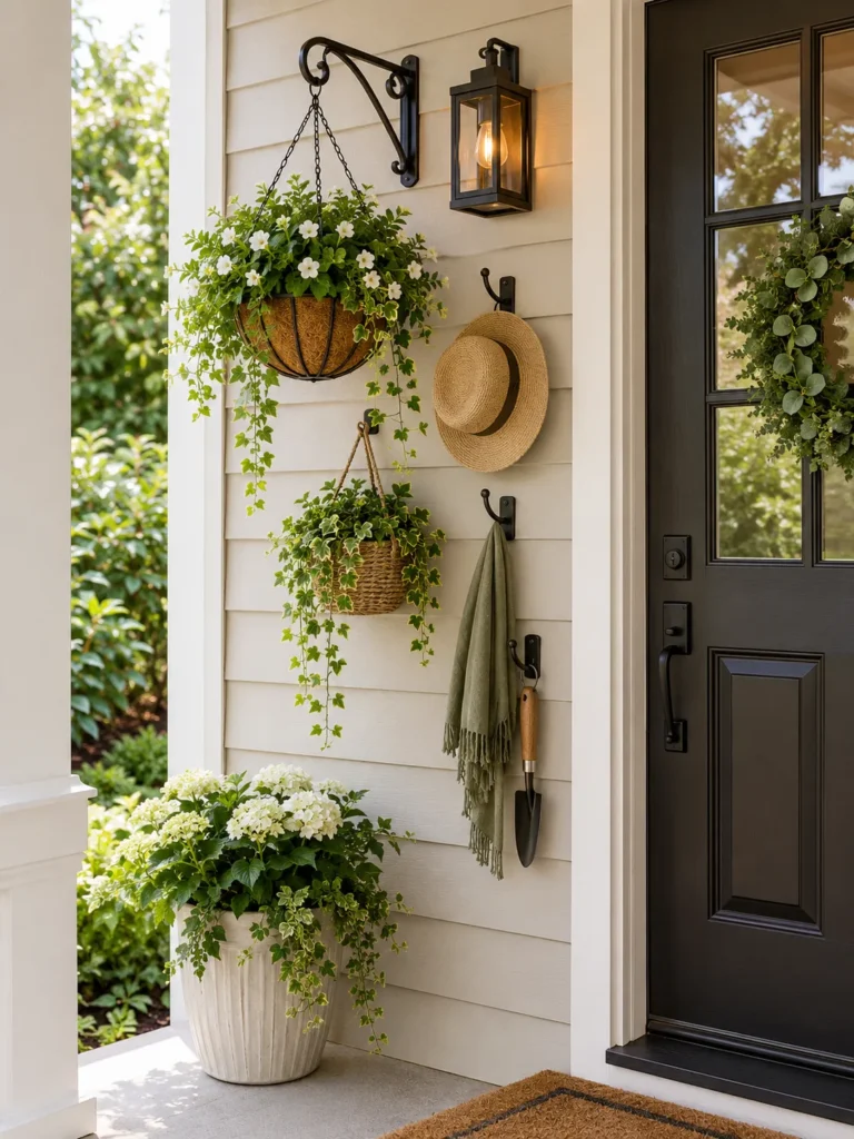 Vertical fall decor on a small porch using hanging baskets and wall hooks