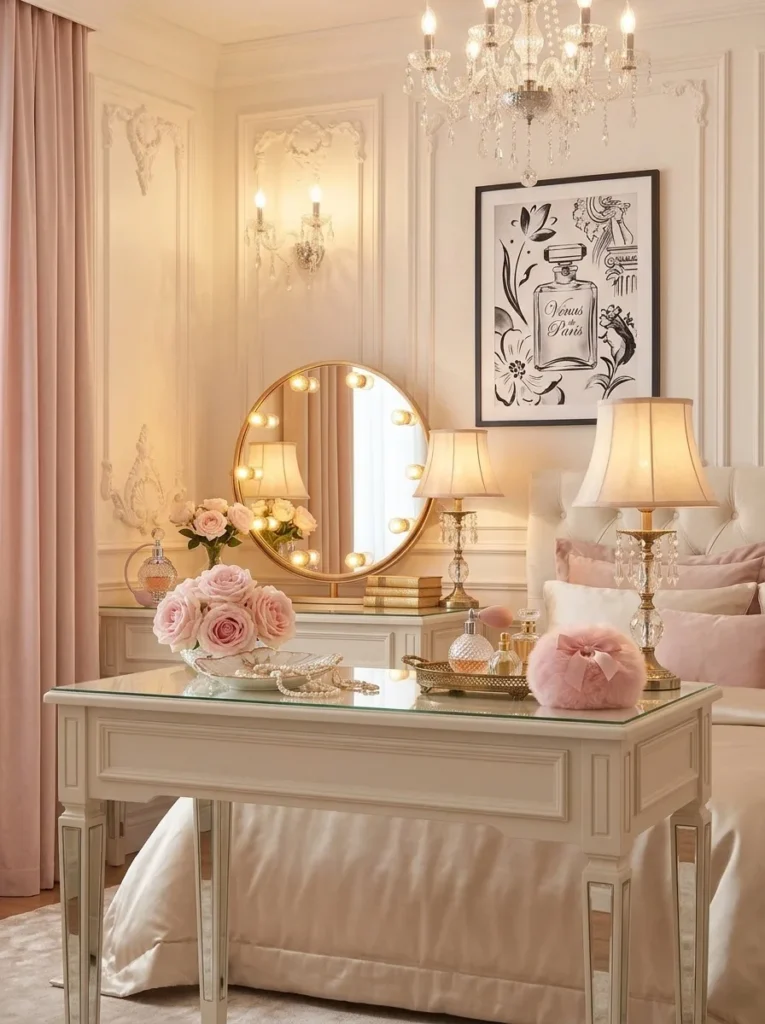 Vintage inspired dressing table for Marilyn Monroe bedroom decor with pearls and perfume tray