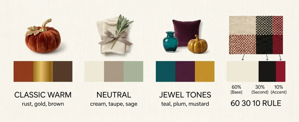 Warm autumn living room decor color palettes including classic, neutral, and jewel tones