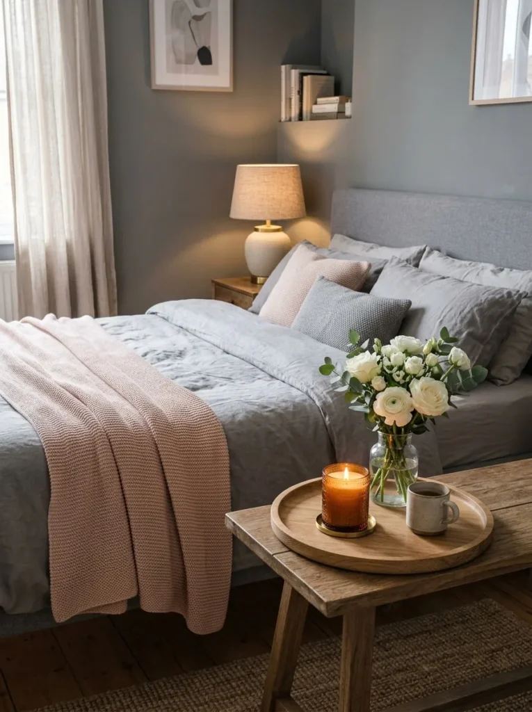 Warm blush and wood accents softening a glam cozy grey bedroom