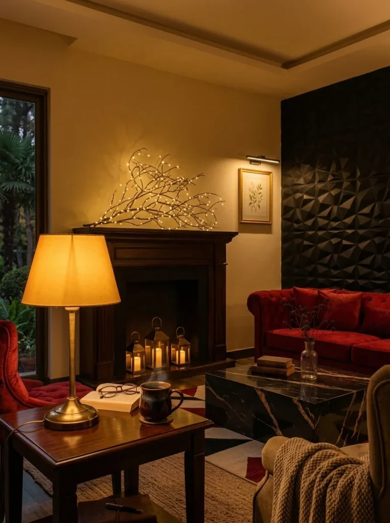 Warm lamp and candle glow in a cozy autumn living room
