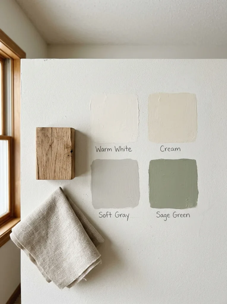 Warm neutral paint samples for a farmhouse living room beside wood and linen swatches