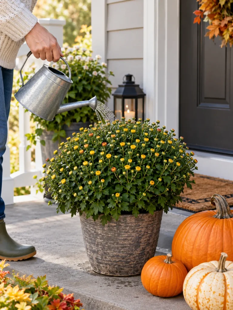 Watering mums on a fall front porch to keep decor fresh all season