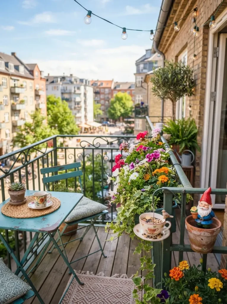 Whimsy garden decor on a small balcony with lights and hanging planters