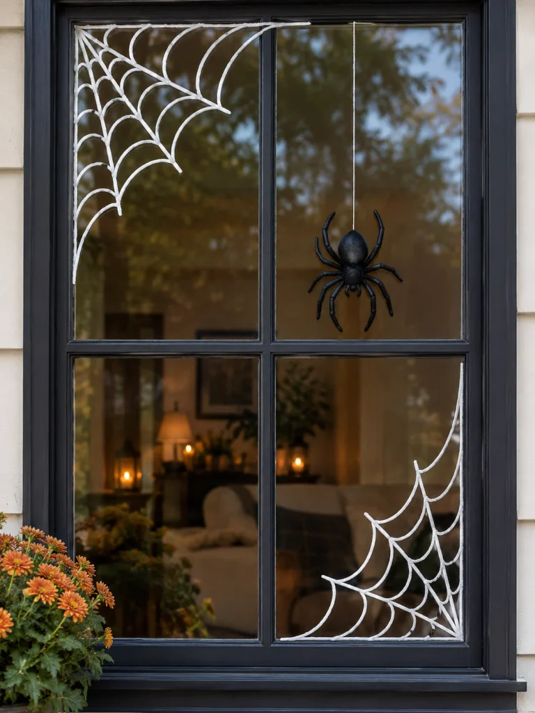White painted spiderwebs in two opposite window corners with one large black spider hanging from a thin line.