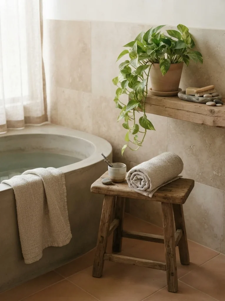 Wood stool, linen towel, and bathroom plants for natural zen spa bathroom decor