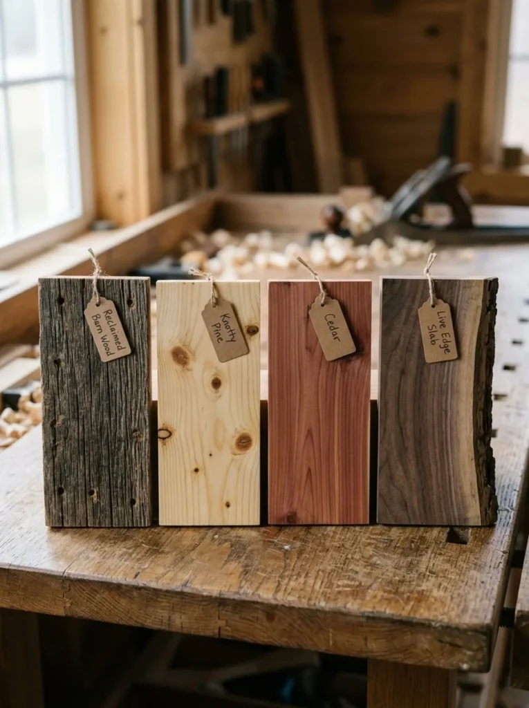 Wood types for rustic cabin bathroom decor including barn wood, pine, cedar, and live edge