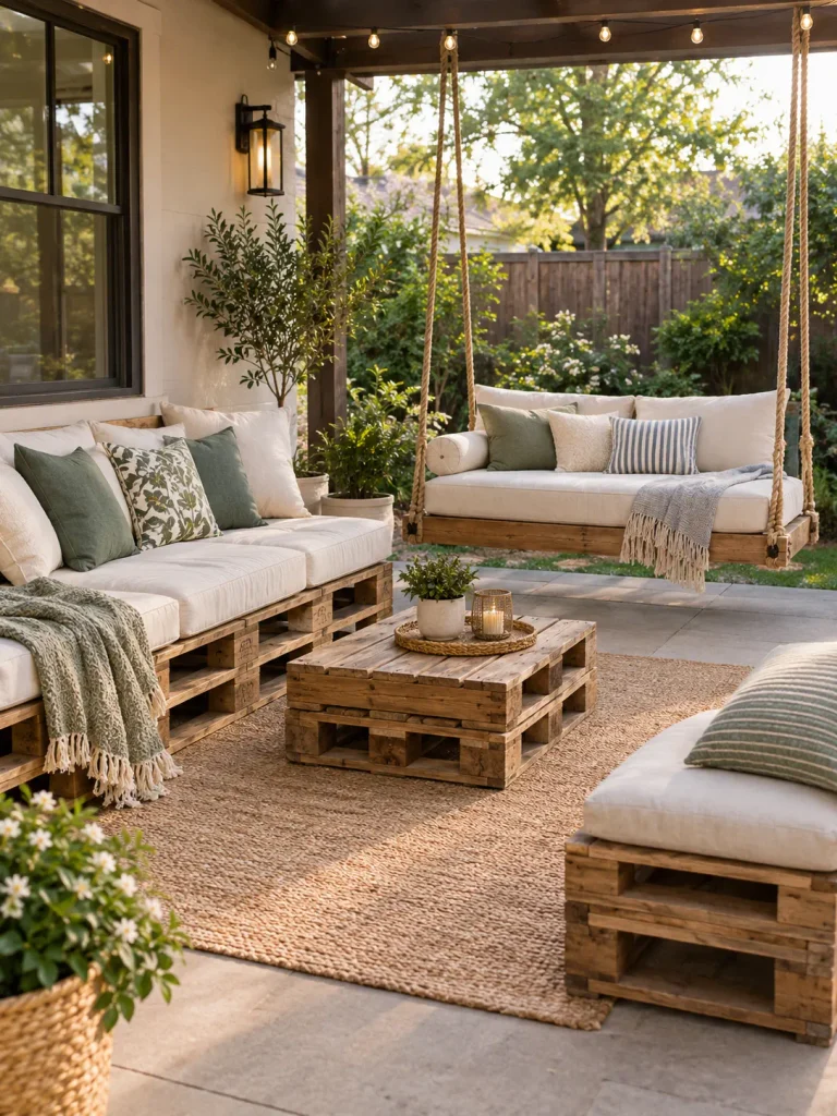 Wooden pallet outdoor furniture including a sofa, bench, and swing bed.