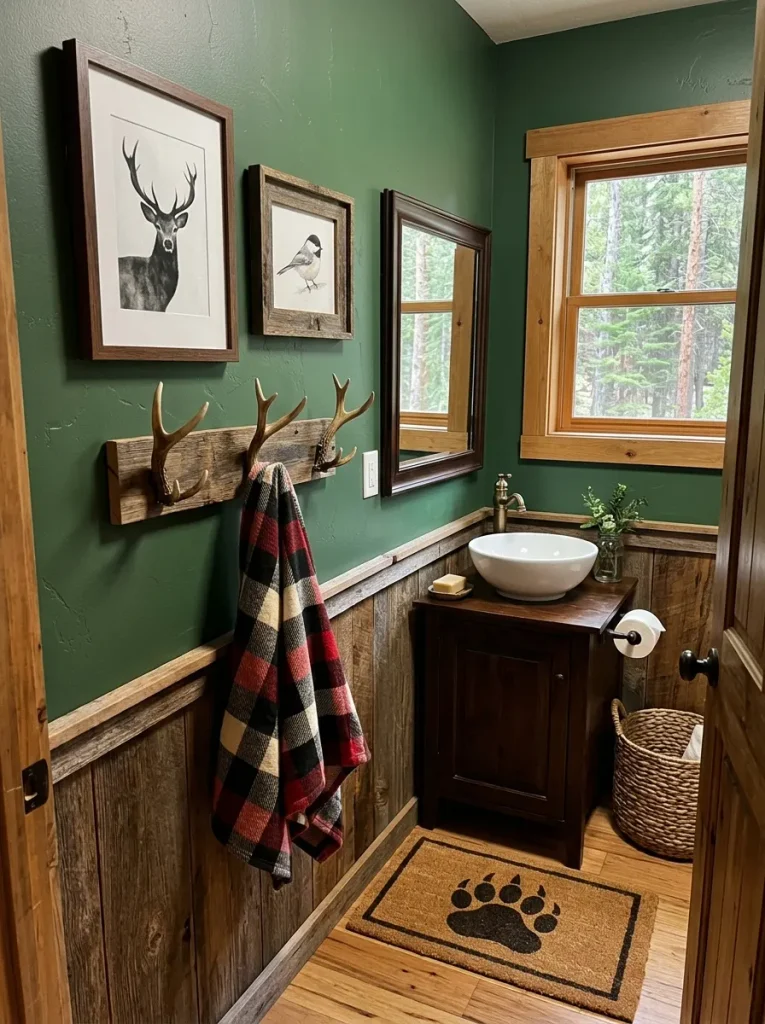 Woodland bathroom with deer, antler, bird, and black bear decor.