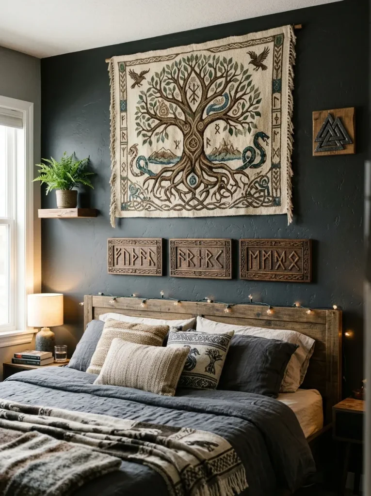 Yggdrasil tapestry and rune plaques on a charcoal wall in a viking bedroom decor setup