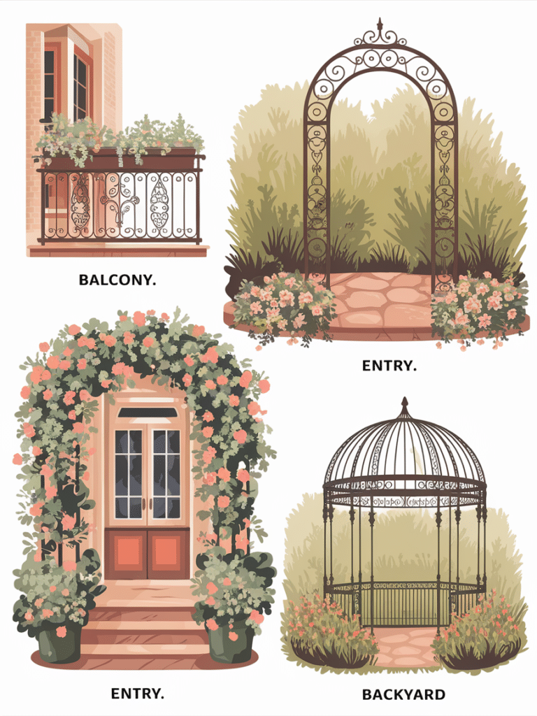 Three garden spaces styled with garden decor metal, including a balcony, front yard, and backyard