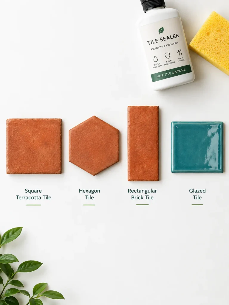 erracotta bathroom tiles in square, hexagon, brick, and glazed styles.