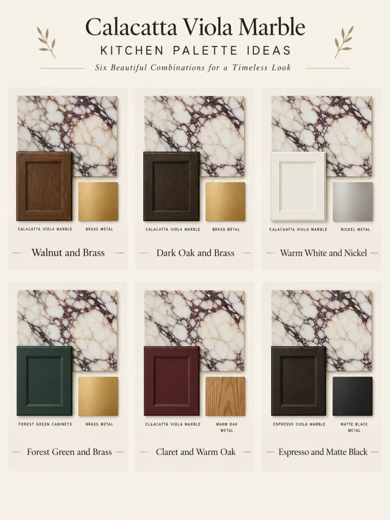 Six cabinet and metal pairings for a Calacatta Viola kitchen including walnut, dark oak, green, claret, and espresso