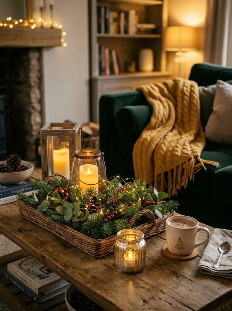 lameless candles and fairy lights glowing on a safe Christmas coffee table
