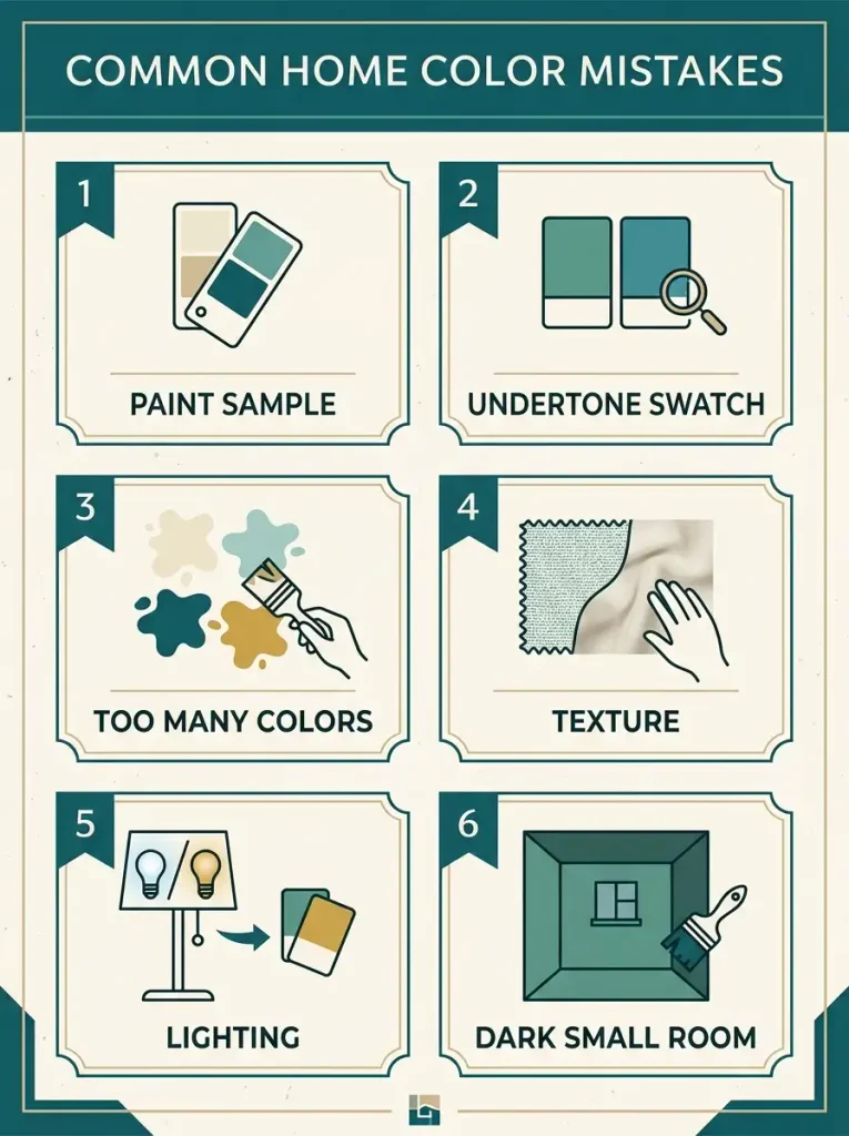 nfographic of six common mistakes when decorating a living room with teal