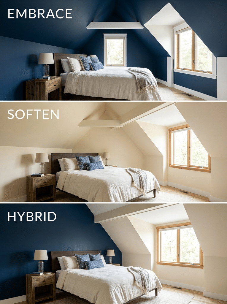 Three ways to decorate a bedroom with a slanted ceiling: embrace the angle, soften it, or use a hybrid look